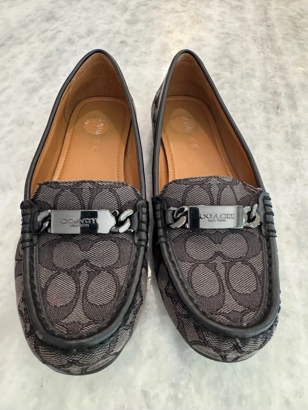 Coach Brown Signature C Gunmetal Chain-Trim Loafers